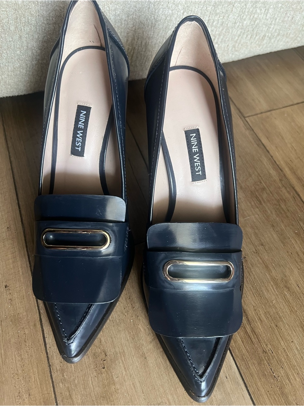 Nine West Navy Pointed Toe Loafers with Gold Accent